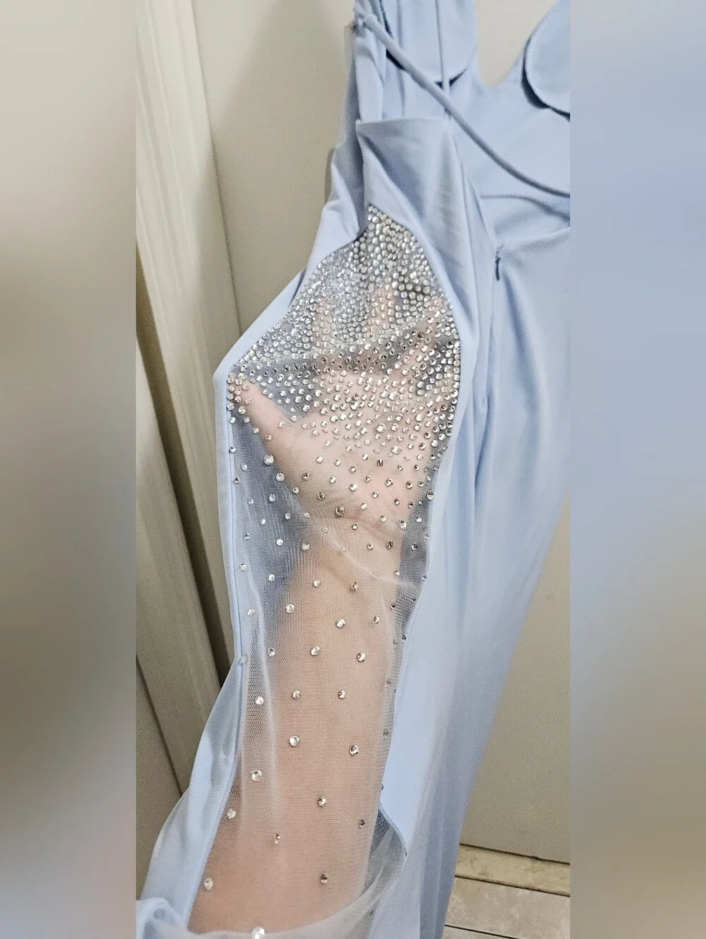 JOVANI Light Blue Backless Evening Gown with Embellished Sheer Panels